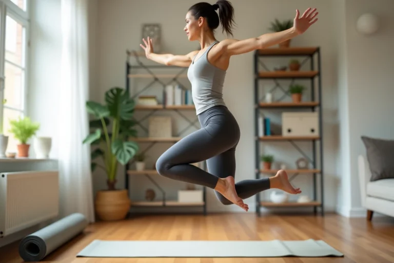 Femme effectuant des jumping jacks dans un salon, alternative cardio à la corde à sauter