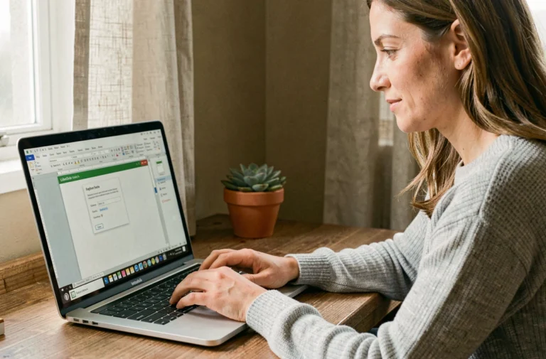 Femme utilisant LibreOffice Writer sur un ordinateur portable pour convertir un document en PDF depuis un bureau à domicile