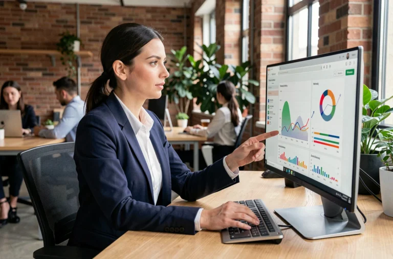 Femme professionnelle analysant des données de marketing digital sur un écran d'ordinateur dans un bureau moderne