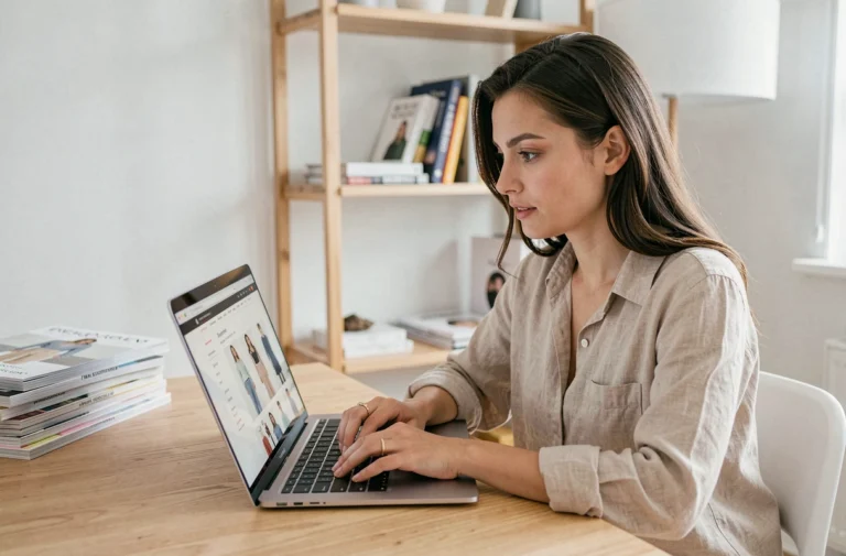 Femme explorant un site de mode en ligne sur un ordinateur portable dans un bureau minimaliste