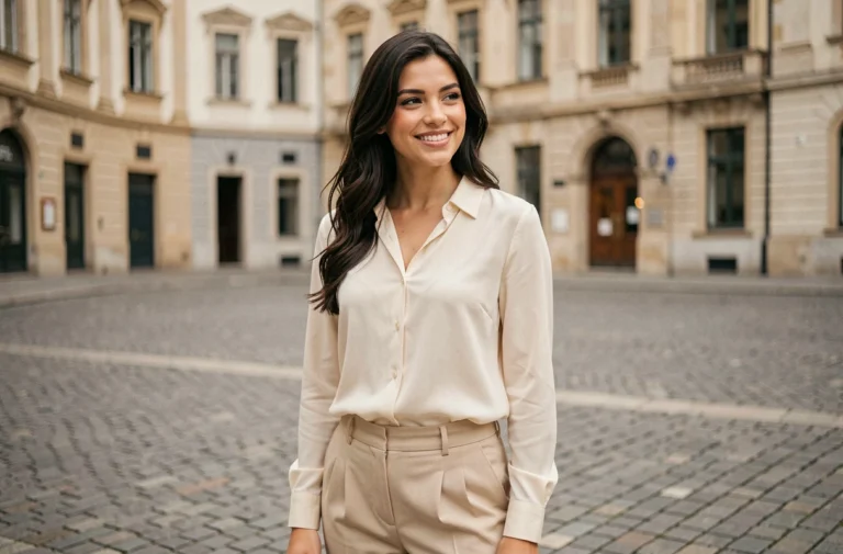 Jeune femme élégante posant dans une place européenne historique, illustrant le parcours international d'une personnalité féminine influente