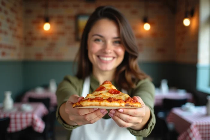 Femme tenant une part de pizza carbonara dans un restaurant italien moderne avec sourire authentique et décor en brique apparente