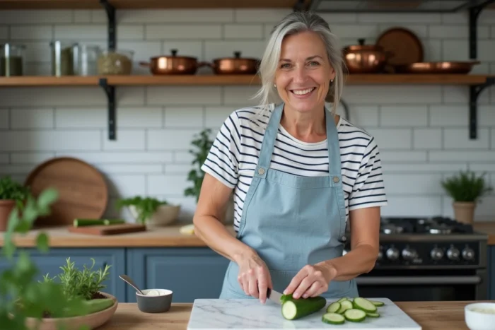 Femme française préparant une recette de concombre à la crème dans une cuisine parisienne authentique