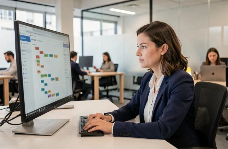 Femme professionnelle consultant le plan du site RDV Pro sur un écran d'ordinateur dans un bureau moderne