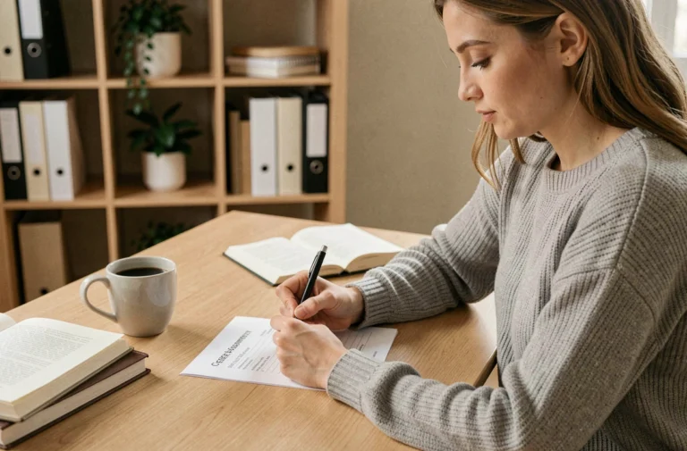 Femme remplissant un questionnaire d'orientation professionnelle à son bureau à domicile