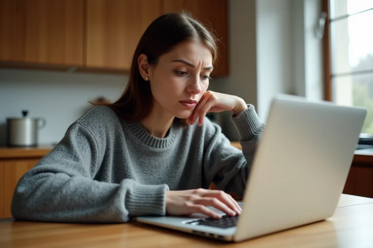 Femme cherchant une annonce supprimée sur Le Bon Coin depuis son ordinateur portable dans une cuisine