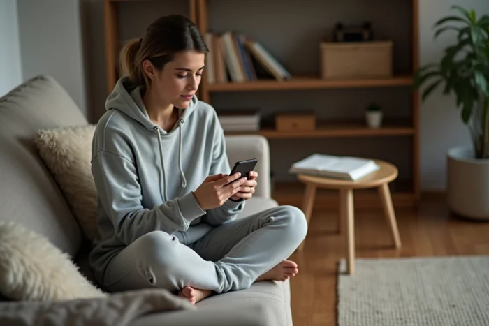 Femme consultant des avis d'utilisatrices sur les Circles via son smartphone depuis son canapé
