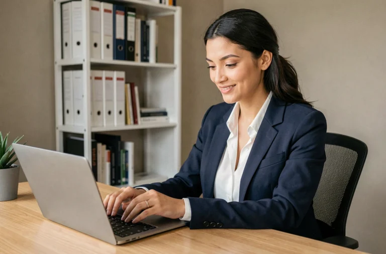 Femme professionnelle cherchant un emploi sur un site de recrutement en ligne depuis son bureau à domicile