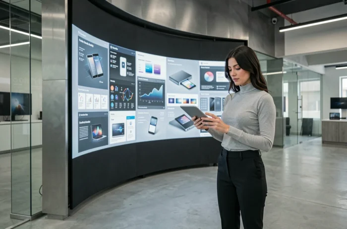 Femme professionnelle en showroom technologique consultant une tablette devant un mur d'écrans connectés