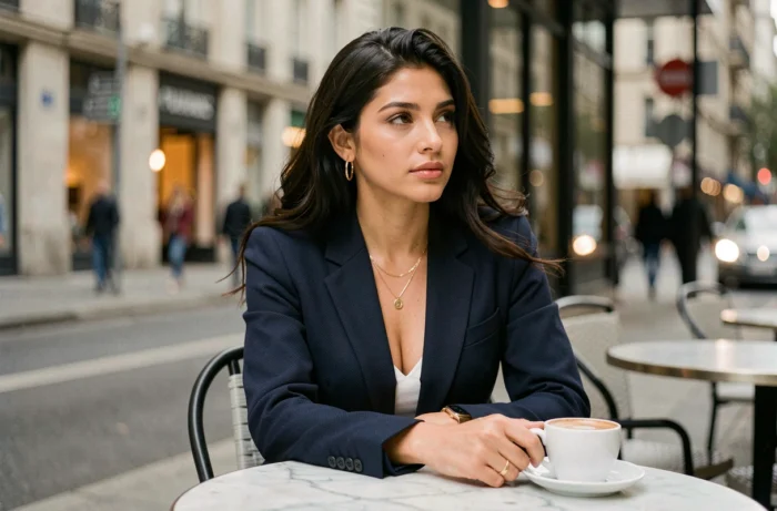 Femme sophistiquée assise en terrasse de café dans une ville cosmopolite, symbole d'un parcours de vie remarquable et d'une personnalité internationale