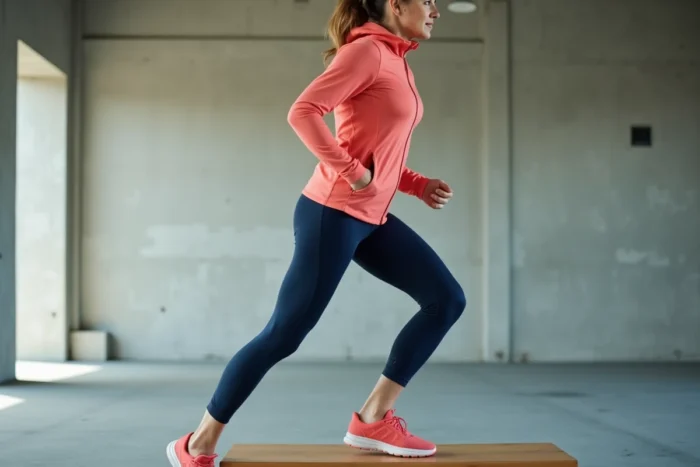 Femme utilisant un step aérobique en salle de sport, alternative efficace à la corde à sauter