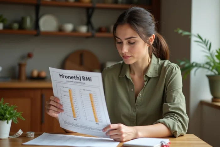 Femme consultant un tableau de poids idéal et d'IMC à une table de cuisine en bois, avec un mètre ruban et un carnet pour calculer son poids santé à 1m70