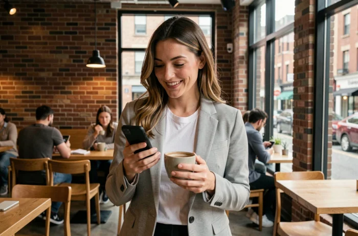 Femme consultant son téléphone Android dans un café urbain moderne tout en découvrant les dernières actualités et astuces