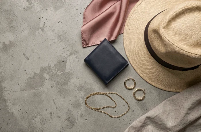 Flatlay d'accessoires de mode essentiels : pochette en soie, portefeuille en cuir, boucles d'oreilles dorées et chapeau Panama sur béton texturé