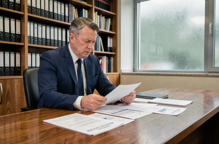 Fonctionnaire analysant des documents officiels concernant une entreprise lors d'une vérification réglementaire