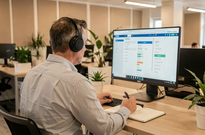 Salarié suivant une formation en ligne sur ordinateur dans un open space de bureau contemporain