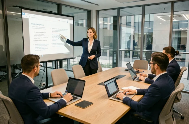Formatrice en entreprise présentant une session de formation professionnelle à des salariés en salle de réunion moderne