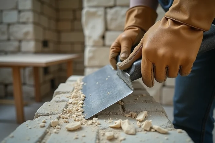 Gros plan de mains gantées utilisant une large spatule en acier pour décoller du plâtre sec épais d'un mur en pierre ancienne