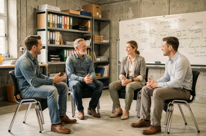 Groupe de salariés en session de formation professionnelle participative dans un espace atelier d'entreprise