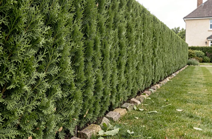 Haie de thuyas parfaitement taillée le long d'une bordure de jardin résidentiel avec pelouse verte