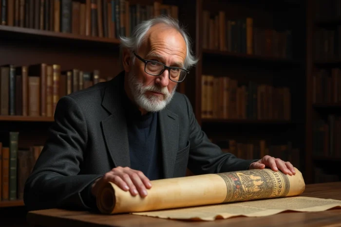 Historien examinant un parchemin ancien représentant le blason héraldique de la ville de Lille dans une salle d'archives