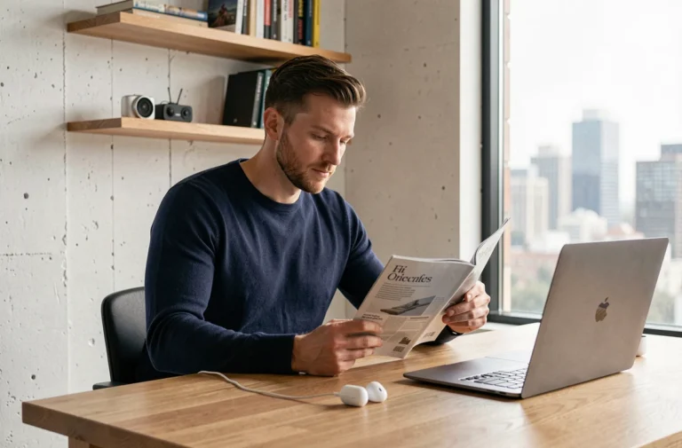 Homme lisant un magazine high-tech dans un bureau moderne minimaliste avec laptop et écouteurs sans fil