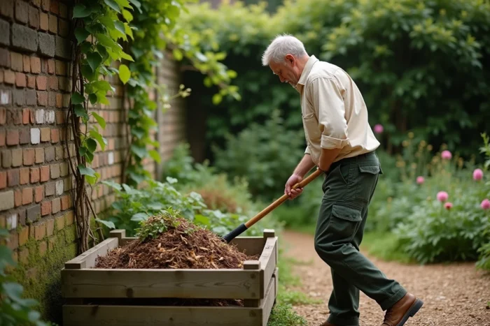 Homme retournant un compost naturel dans un jardin écologique avec des déchets organiques