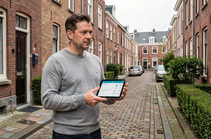 Homme consultant une application de suivi du marché immobilier belge devant une maison en briques typique