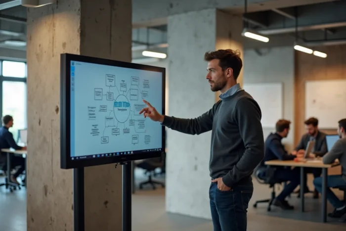 Professionnel présentant une stratégie de présence en ligne sur un écran dans un espace de coworking