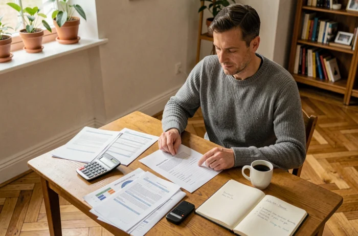 Un homme analysant les documents financiers de son projet immobilier à domicile