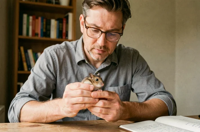 Homme examinant attentivement un hamster nain pour déterminer son sexe à la maison