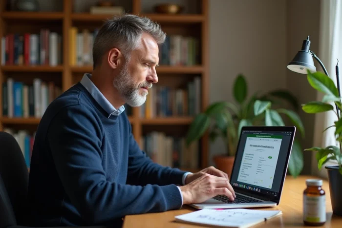 Homme consultant des forums en ligne sur les avis Climaxol et ses effets amincissants sur son ordinateur portable