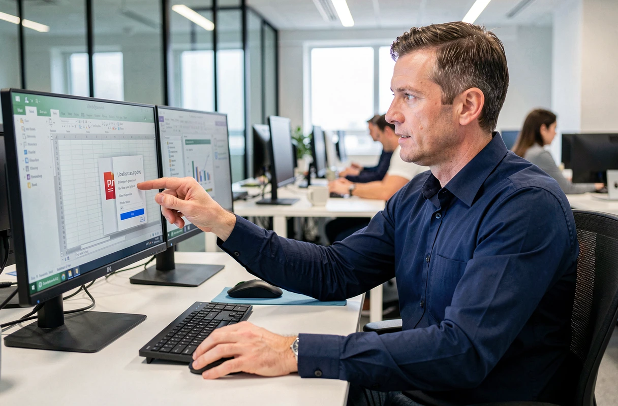Homme en bureau professionnel convertissant un fichier LibreOffice Calc en PDF sur un poste de travail à double écran