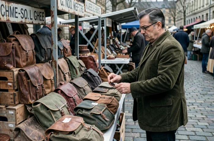 Homme passionné parcourant un marché aux puces spécialisé avec des cartables anciens et accessoires scolaires vintage
