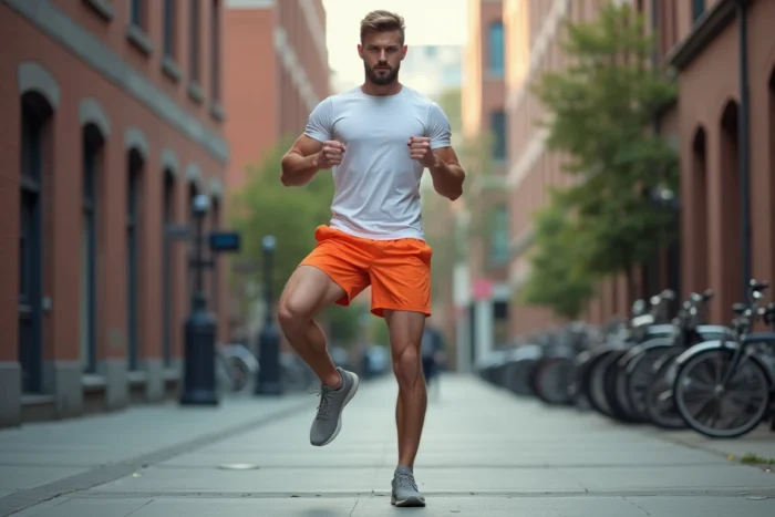Homme faisant des montées de genoux en extérieur, exercice cardio sans corde à sauter