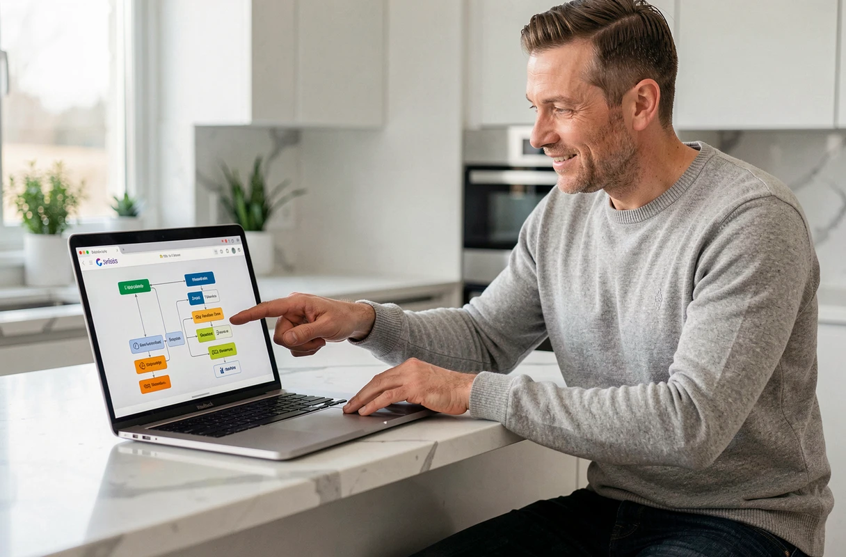 Homme consultant le plan de navigation d'un site de rendez-vous en ligne depuis son domicile sur un ordinateur portable