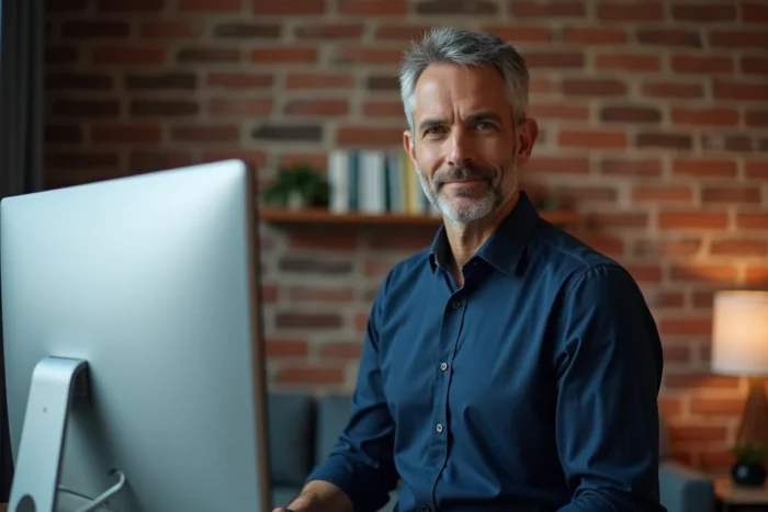 Homme utilisant un outil de création de site web en glisser-déposer sur grand écran dans un bureau à domicile