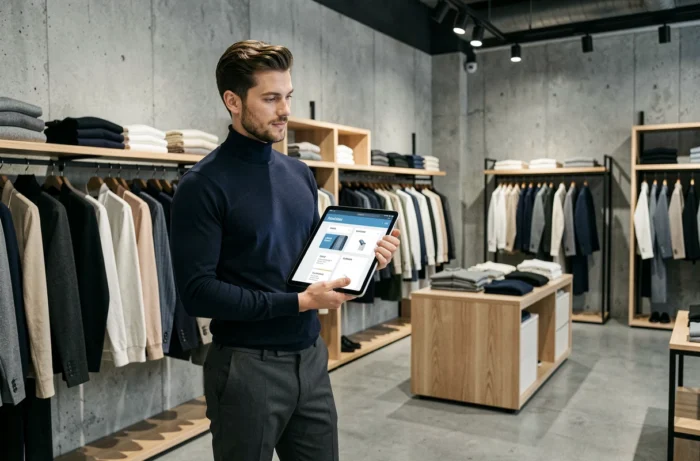 Homme consultant un plan de site de mode sur une tablette dans un concept store contemporain