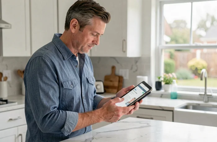 Homme d'âge mûr consultant un site d'emploi sur tablette dans une cuisine moderne