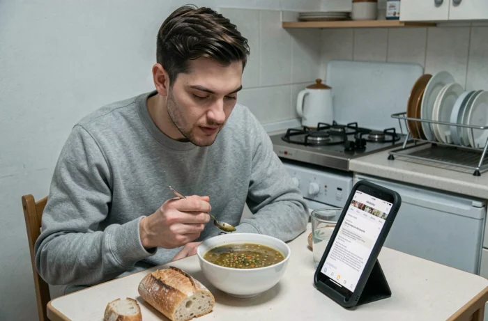Homme mangeant un repas simple et rapide chez lui avec une soupe de lentilles et du pain, consultant une recette sur son téléphone