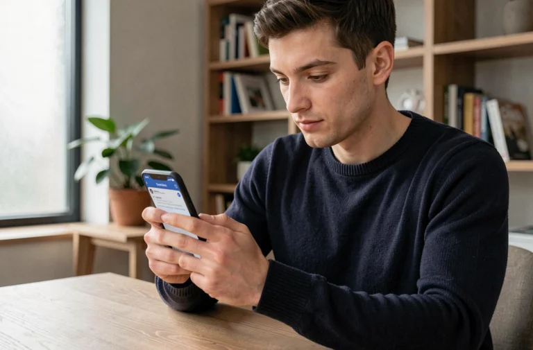 Homme utilisant un smartphone Android pour explorer des applications et nouveautés technologiques depuis son bureau à domicile