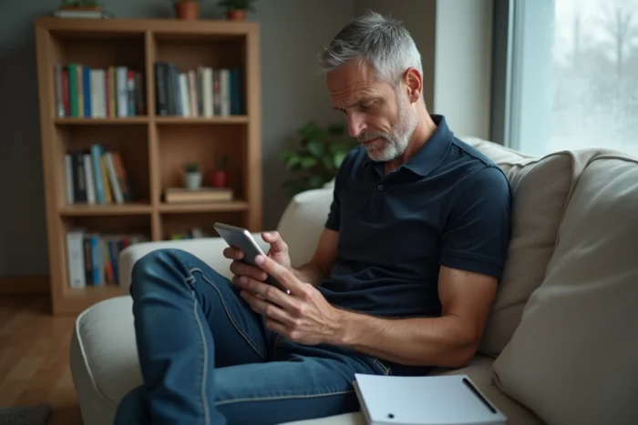 Homme consultant son smartphone sur un canapé pour retrouver une annonce Le Bon Coin effacée