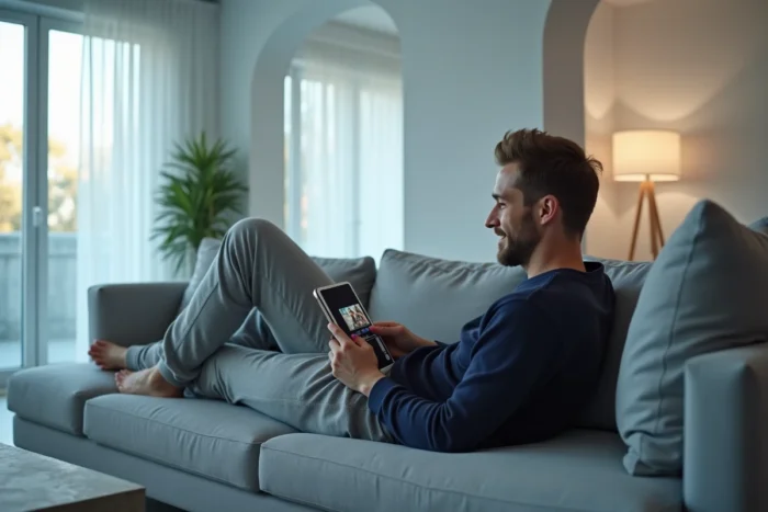 Homme allongé sur un canapé qui regarde des vidéos sur une tablette pour gagner de l'argent en ligne