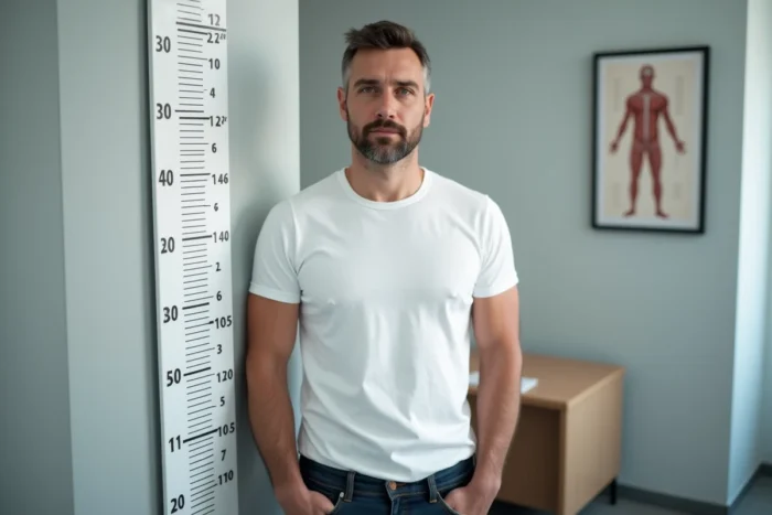 Homme de 40 ans mesuré sur une toise médicale dans un cabinet de consultation, représentant l'évaluation de la taille et du poids idéal à 1m70