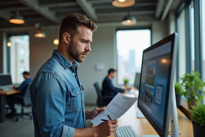Homme professionnel vérifiant une transaction immobilière sécurisée en ligne dans un espace de co-working contemporain