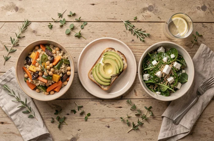 Vue de dessus de plusieurs idées de repas rapides et sains disposés sur une table en bois rustique