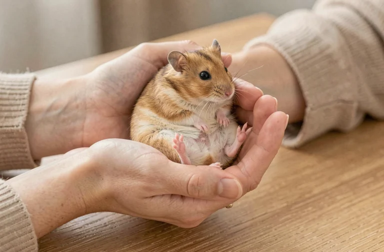 Femme tenant délicatement un hamster syrien doré dans ses mains pour identifier son sexe