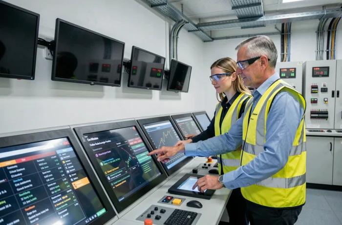 Deux ingénieurs analysant des données de maintenance en temps réel sur un panneau de contrôle numérique en salle de commande industrielle