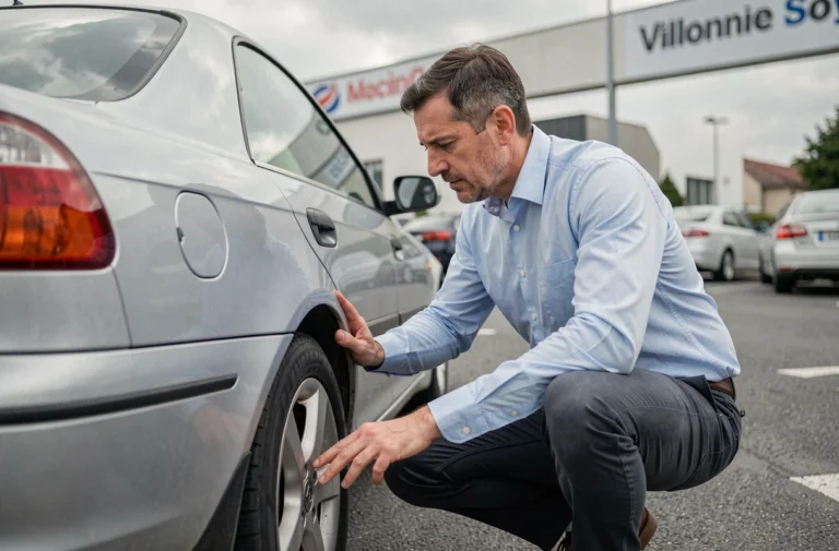 Un homme inspecte attentivement la carrosserie d'une voiture d'occasion dans un parking, vérifiant l'état du véhicule avant achat