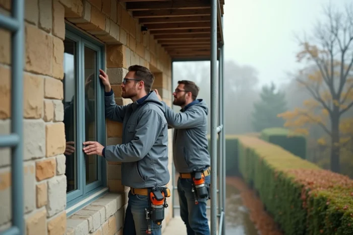 Deux ouvriers installant des fenêtres à double vitrage sur la façade en pierre d'une maison